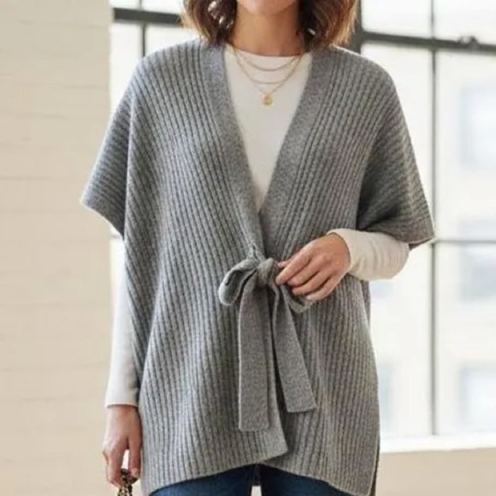 LOFT Oversized Gray Ribbed Cardigan with Tie Front, Size XS/S
